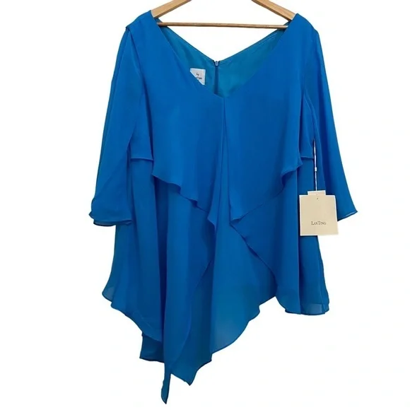 LT Lanting Bride Blue Chiffon Plus  XXL Asymmetric Blouse Resort Poolside Chic - Picture 2 of 16
